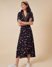Floral Wrap Jersey Midi Dress, Black (BLACK), large