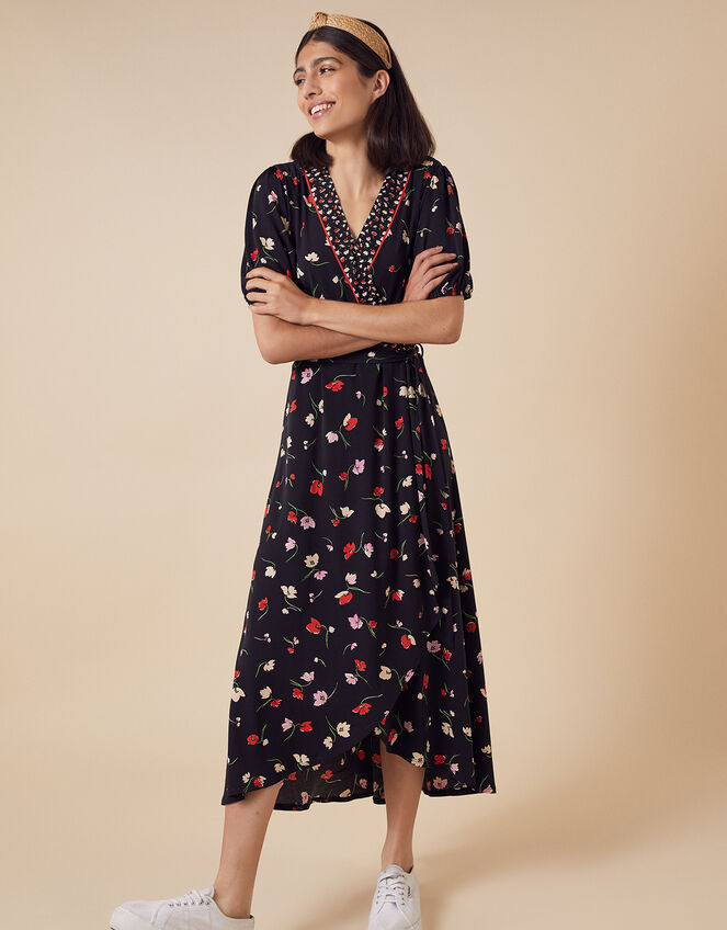 Floral Wrap Jersey Midi Dress, Black (BLACK), large