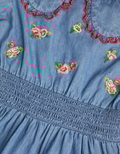 Floral Embroidered Chambray Dress, Blue (BLUE), large