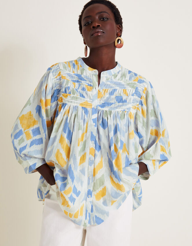 Myla Print Pintuck Blouse, Ivory (IVORY), large