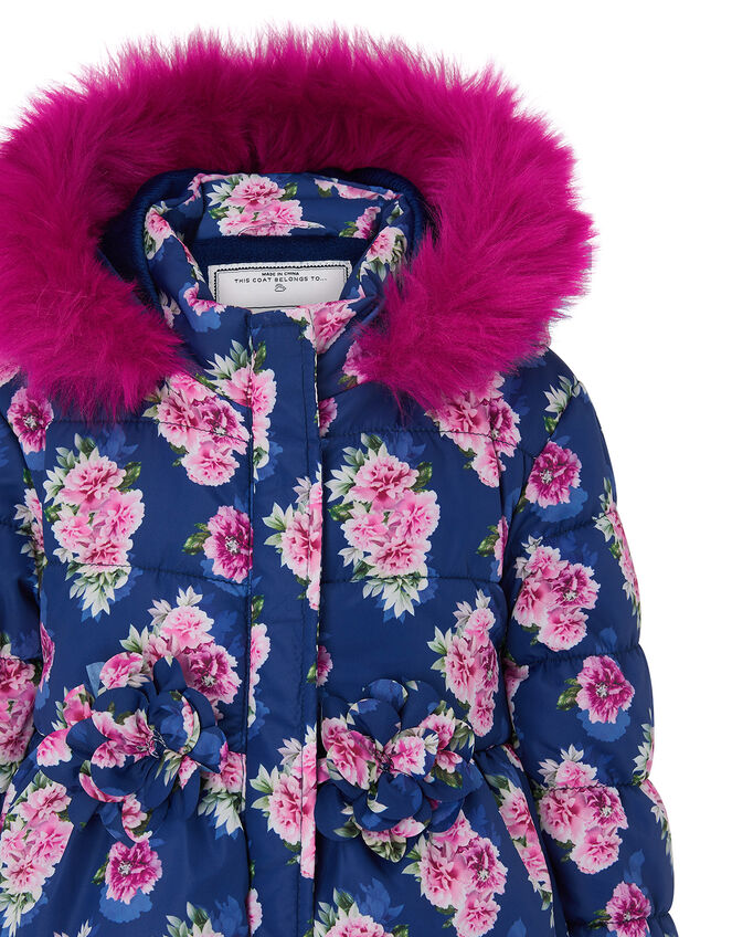Baby Rose Print Hooded Coat, Blue (NAVY), large