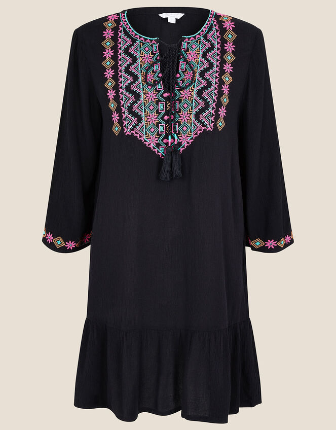 Embroidered Yoke Kaftan Dress, Black (BLACK), large