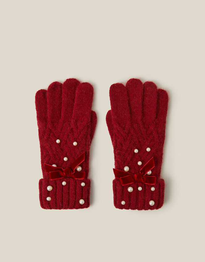 Pearl Cable Knit Gloves, Red (RED), large