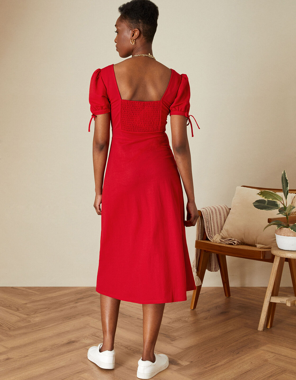 Button Plain Jersey Midi Dress Red 