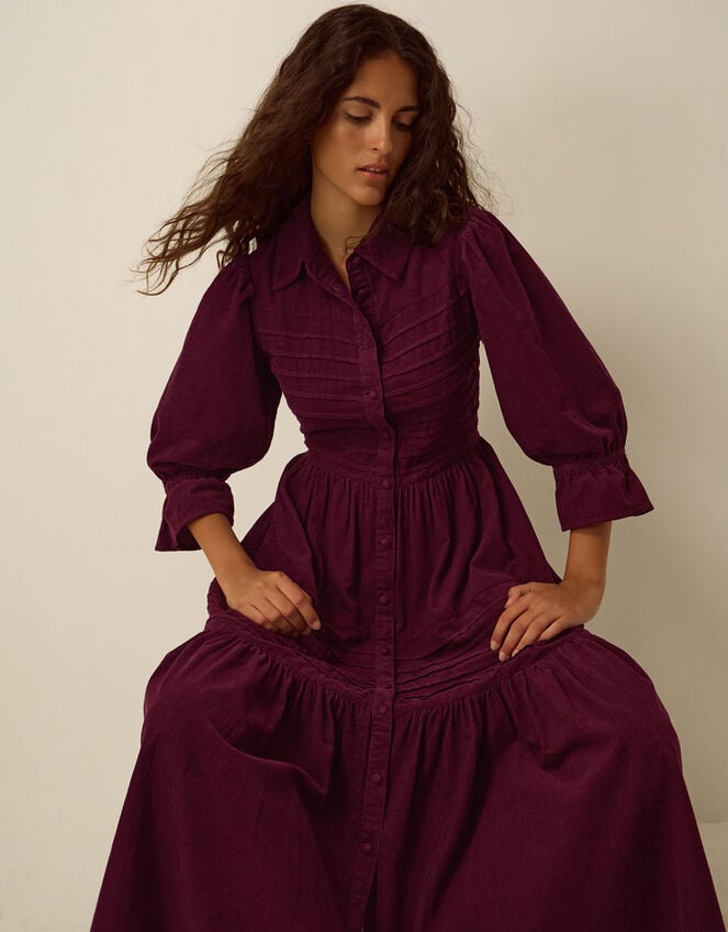 Winnie Corduroy Midi Shirt Dress, Red (BURGUNDY), large