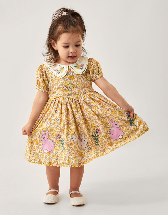 Baby Bunny Applique Floral Dress, Yellow (YELLOW), large