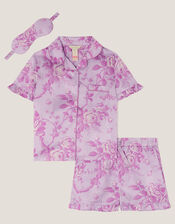 Floral Satin Short Pyjamas & Sleep Mask Set, Purple (LILAC), large