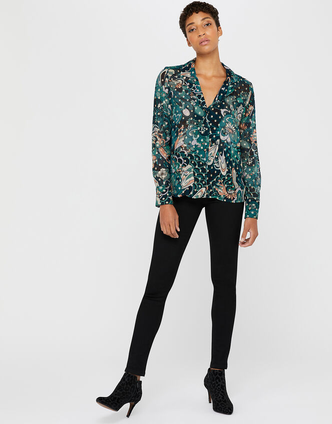 Zoe Floral Metallic Shirt, Teal (TEAL), large