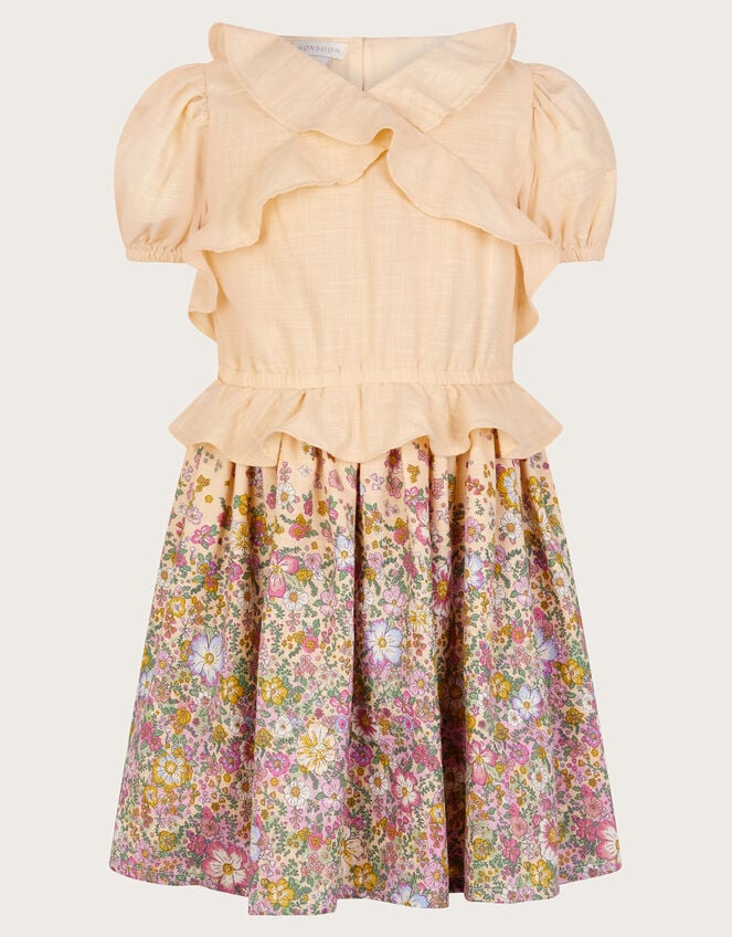 Campana Girls Callie Short Sleeves Dress With Collar- Floral Print - Purple & Yellow