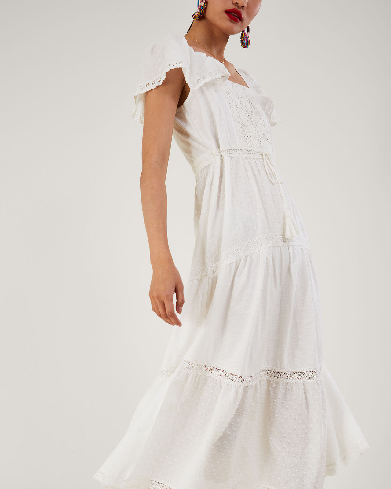 Woven Mixed Fabric Midi Dress White