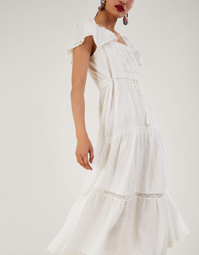 Woven Mixed Fabric Midi Dress White