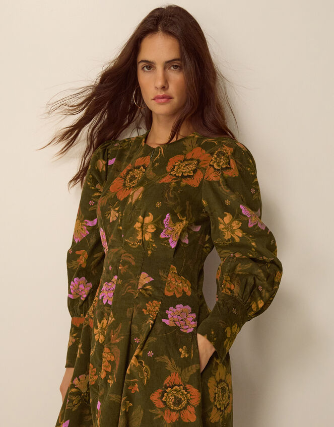 Princella Floral Corduroy Midi Dress, Green (GREEN), large
