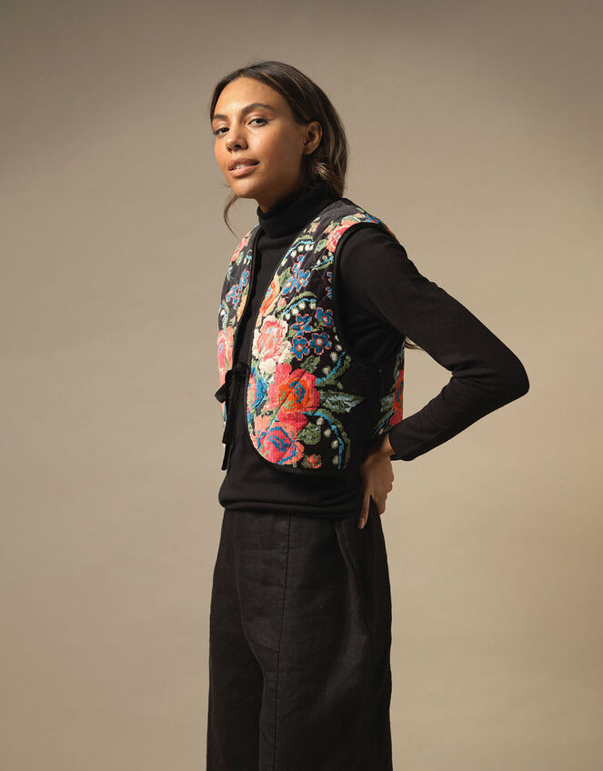 One Hundred Stars Flower Print Gilet, Black (BLACK), large