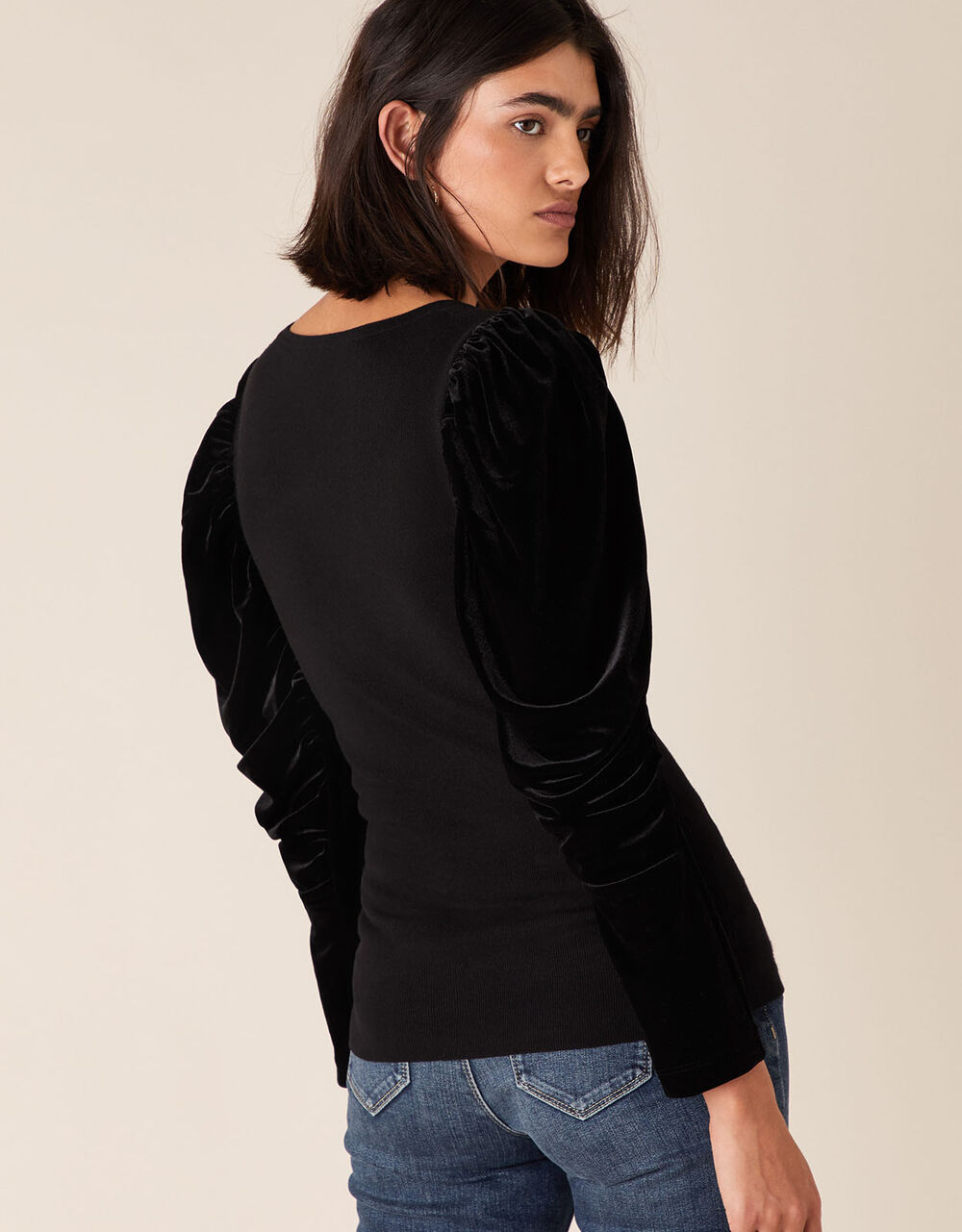 Velvet Sleeve Jumper Black Jumpers Monsoon UK.