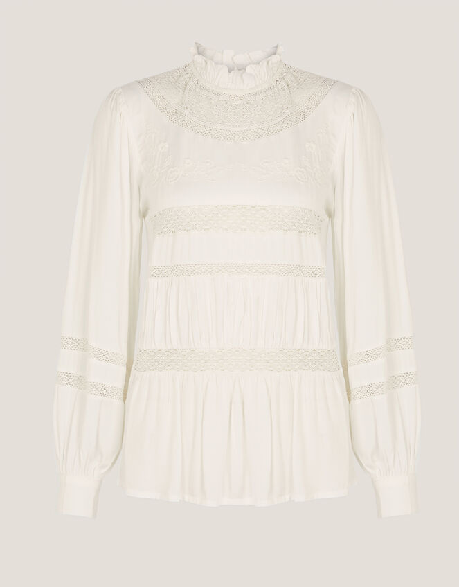 Lila Embroidered Lace Panel Blouse, Ivory (IVORY), large