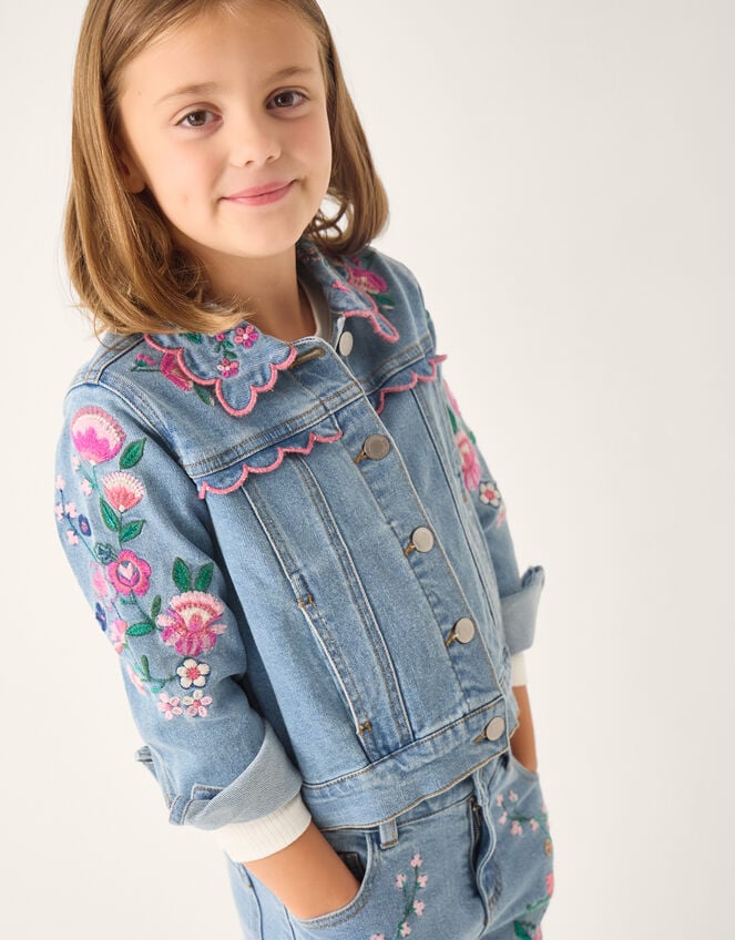 Floral Embroidered Frill Denim Jacket, Blue (BLUE), large