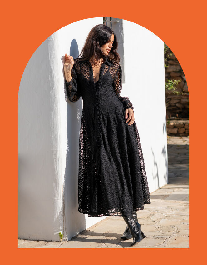 Lyrical Sisters Chira Lace Shirt Dress, Black (BLACK), large