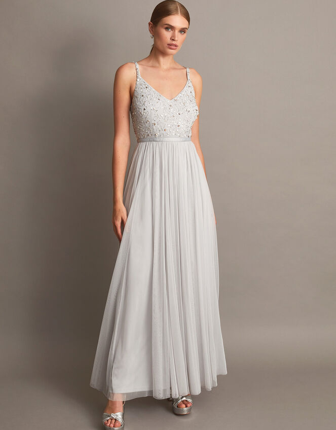 Autumn Embellished Maxi Dress in Recycled Polyester Silver Evening