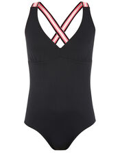 Sporty Strap Textured Swimsuit, Black (BLACK), large