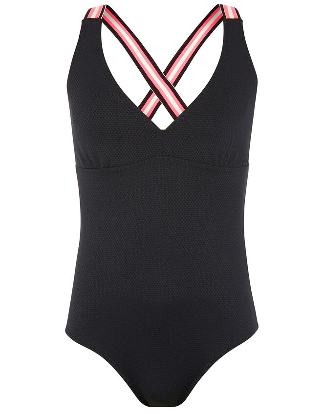 Sporty Strap Textured Swimsuit, Black (BLACK), large