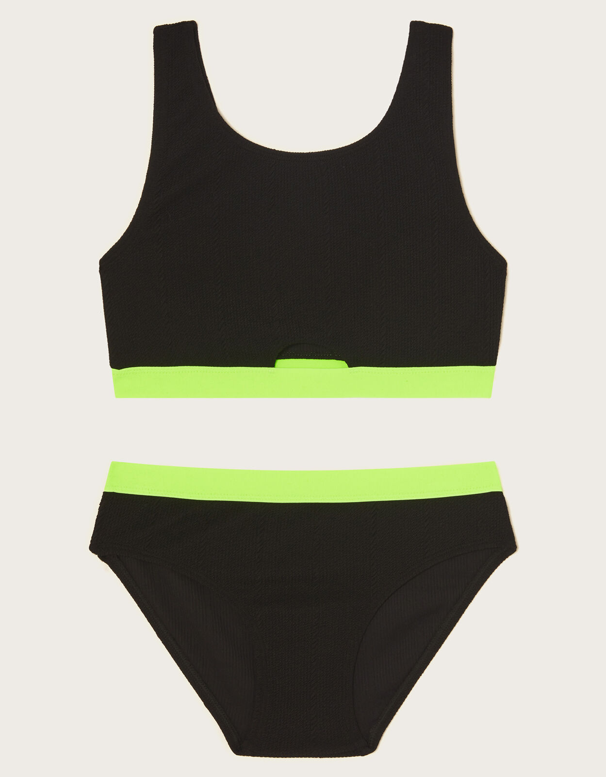 Neon Trim Seersucker Bikini Set Black