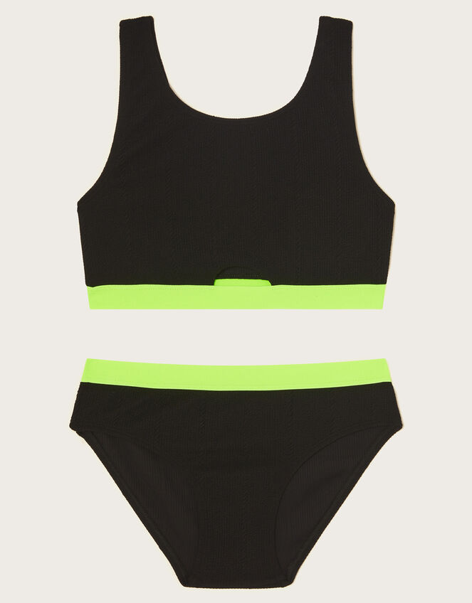 Neon Trim Seersucker Bikini Set, Black (BLACK), large