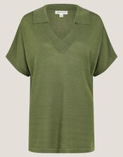 Cloe Knitted Collar Top, Green (KHAKI), large