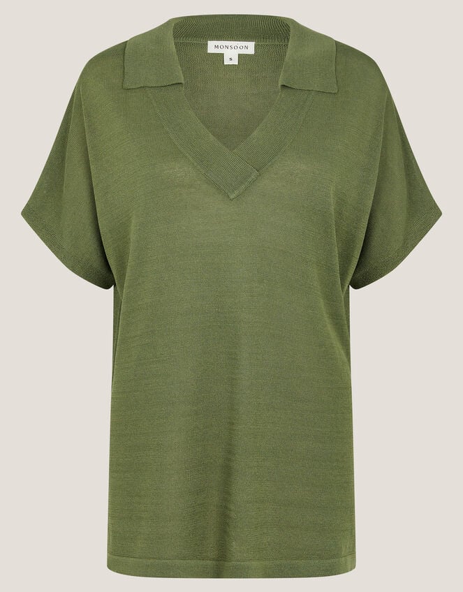 Cloe Knitted Collar Top, Green (KHAKI), large