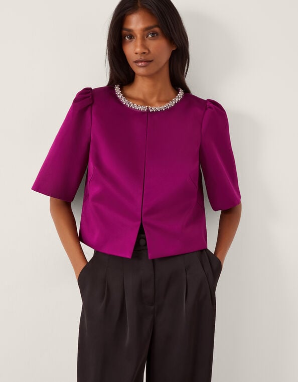 Saira Embellished Short Sleeve Satin Jacket, Pink (MAGENTA), large