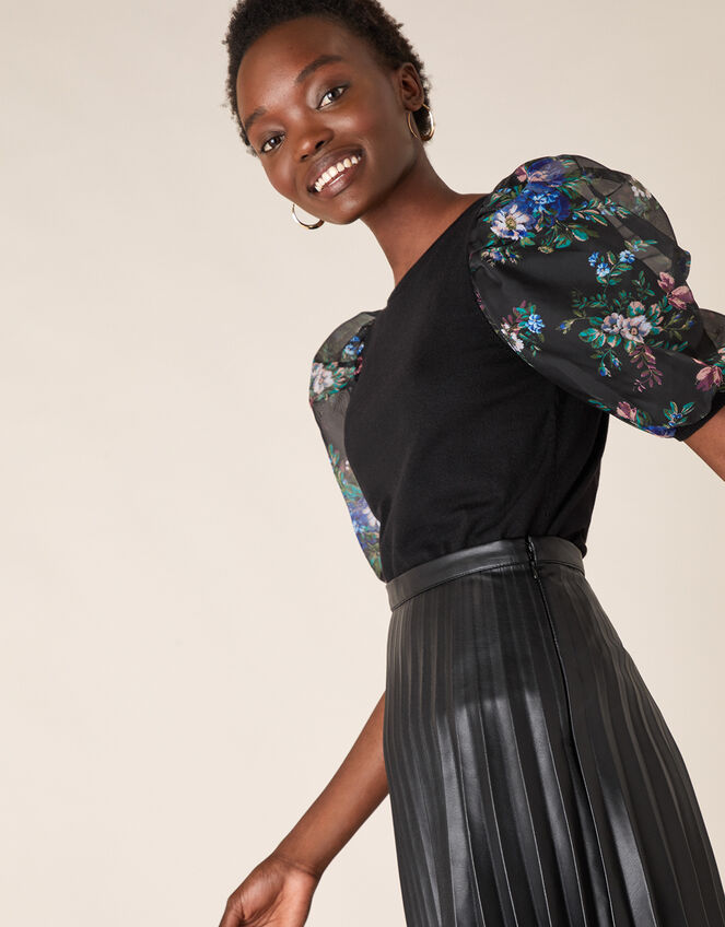 Floral Organza Sleeve Top with Recycled Fabric, Black (BLACK), large