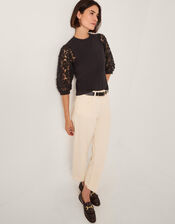 Flavia Sheer Appliqu&eacute; Sleeve Jersey Top, Black (BLACK), large