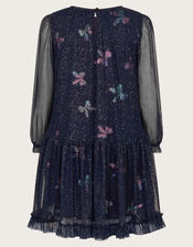 Long Sleeve Bow Print Mesh Dress, Blue (NAVY), large