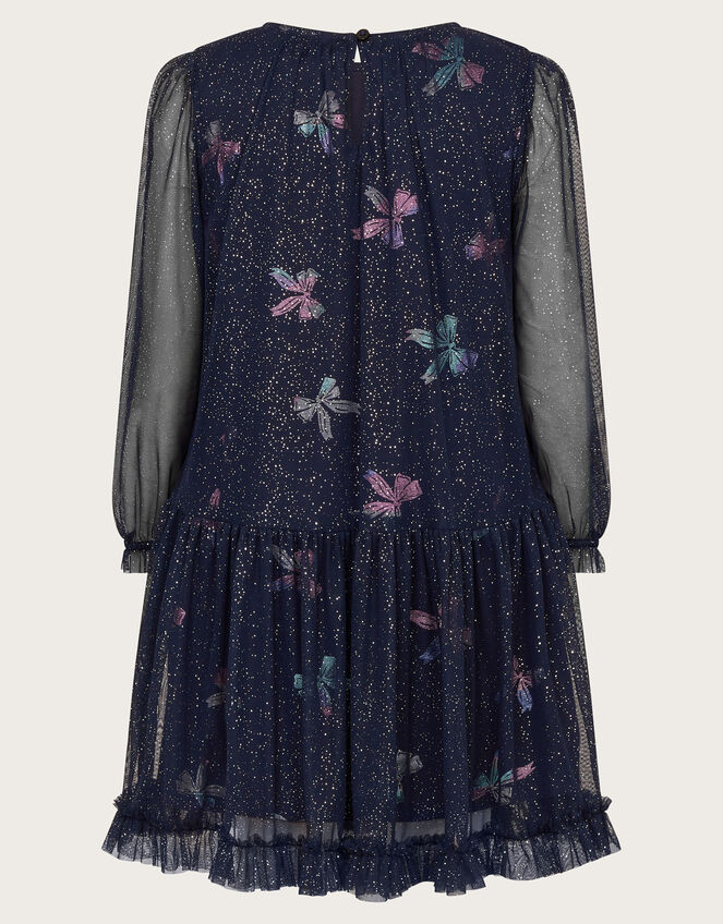 Long Sleeve Bow Print Mesh Dress, Blue (NAVY), large