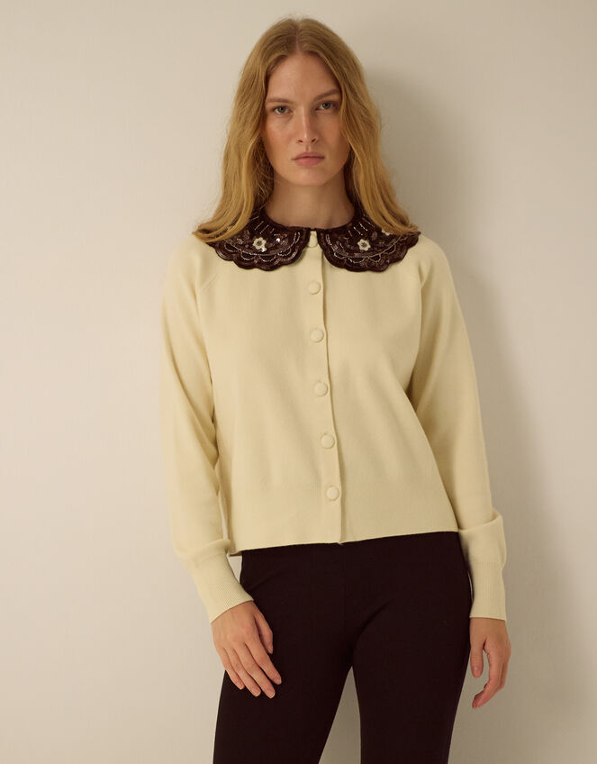 Monsoon x Queens of Archive Coco Sequin Collar Cardigan​, Ivory (IVORY), large