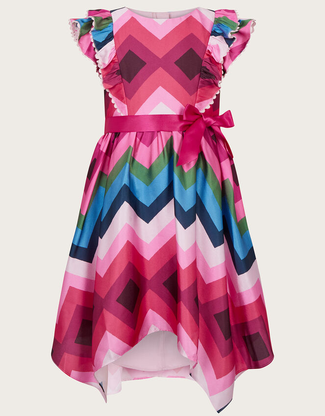 Zig-Zag Stripe Satin Frill Dress, Multi (MULTI), large