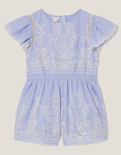 Floral Broderie Short Sleeve Playsuit, Blue (BLUE), large