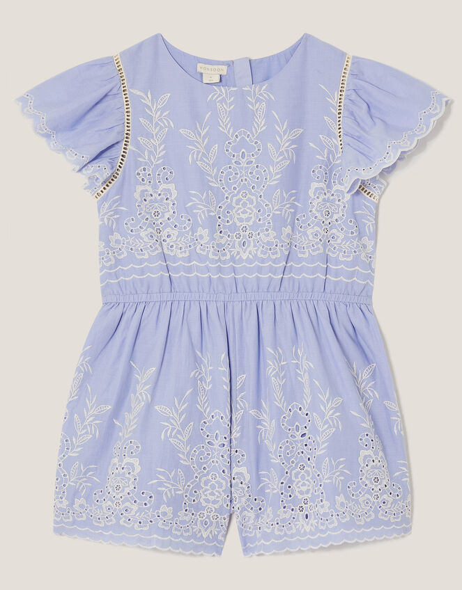 Floral Broderie Short Sleeve Playsuit, Blue (BLUE), large