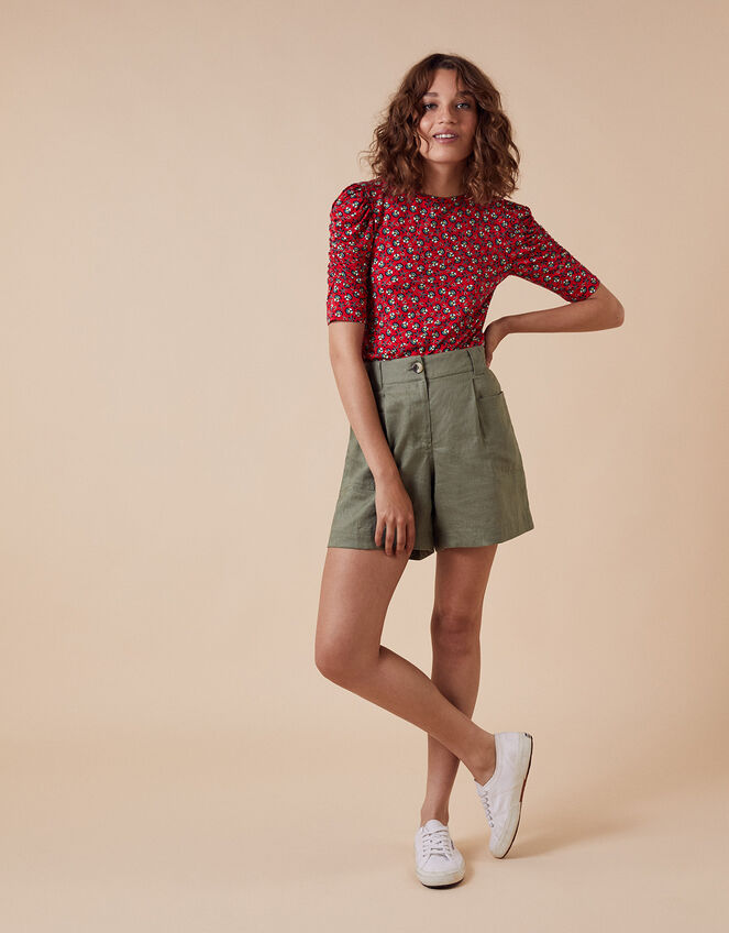 Printed Jersey Puff Sleeve Top, Red (RED), large