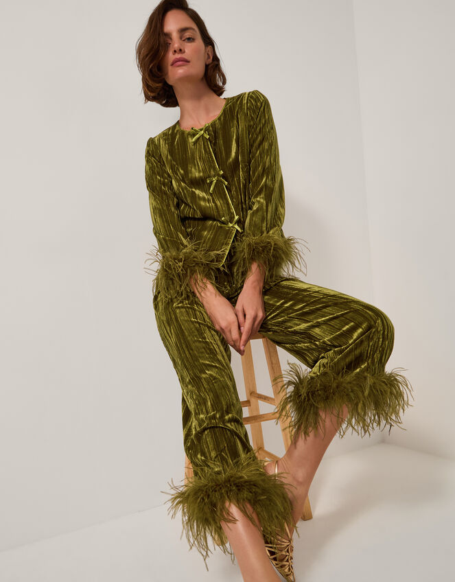 Olivia Feather Cuff Velvet Trousers, Green (OLIVE), large