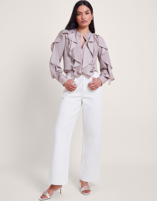 Lola Satin Ruffle Blouse, Mink (MINK), large