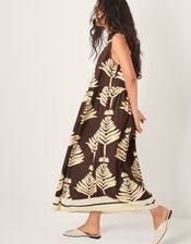 Pamela Linen Blend Leaf Print Midi Dress, Brown (CHOCOLATE), large