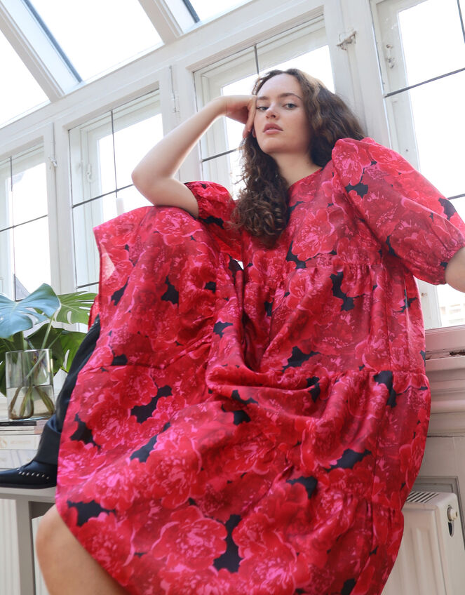 Crās Illustrated Floral Tiered Dress, Red (RED), large