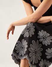 Ella Frill Floral Embroidered Midi Dress, Black (BLACK), large