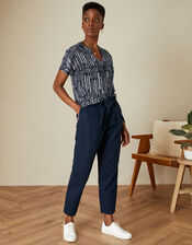 Print Button Short Sleeve Top in Linen Blend	, Blue (NAVY), large