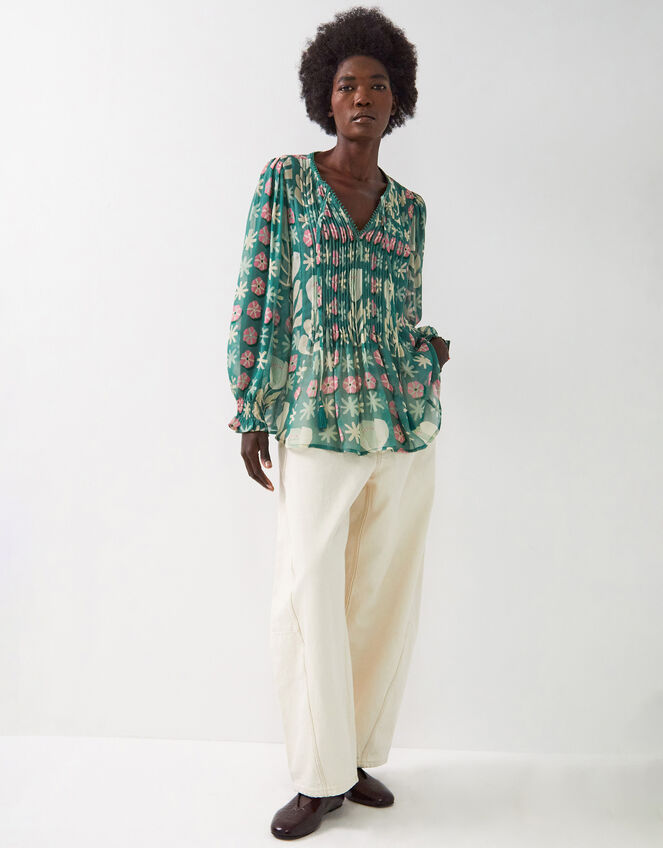 East Charlize Printed Pintuck Blouse, Green (GREEN), large
