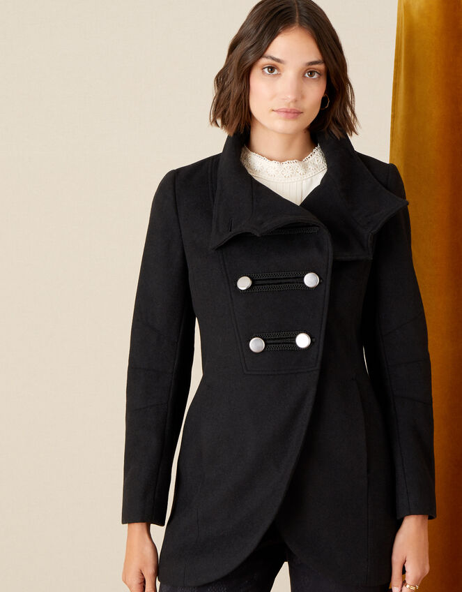 Lizzie Military Peacoat in Wool Blend, Black (BLACK), large