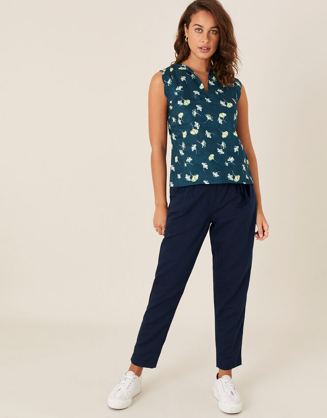 Printed Scallop Tank Top in Pure Linen, Teal (TEAL), large