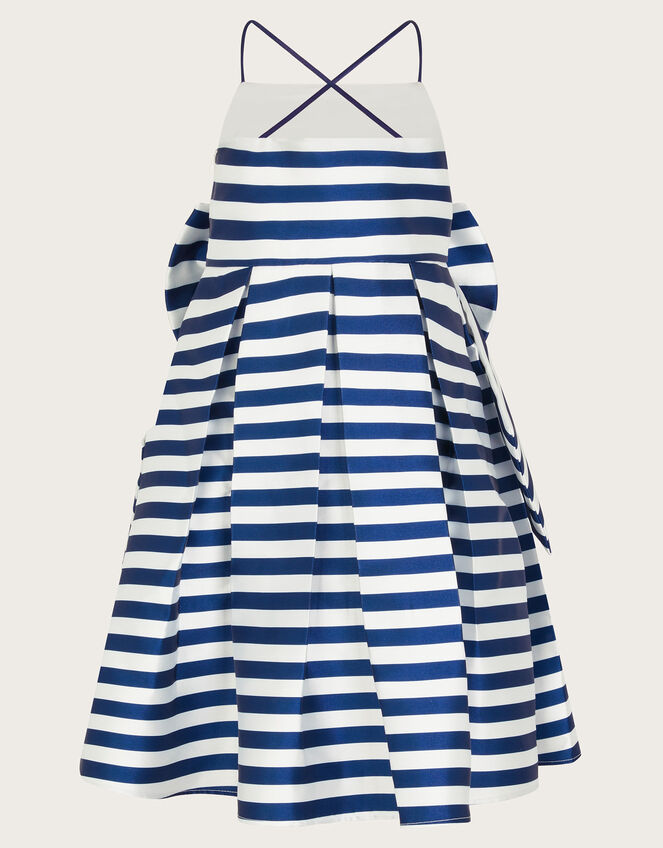 Stripe Bow Twill Party Dress, Blue (BLUE), large