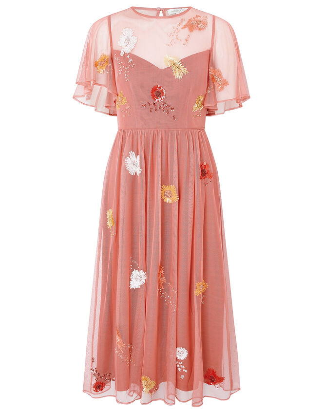 Elissia Embellished Midi Dress in Recycled Fabric, Orange (CORAL), large