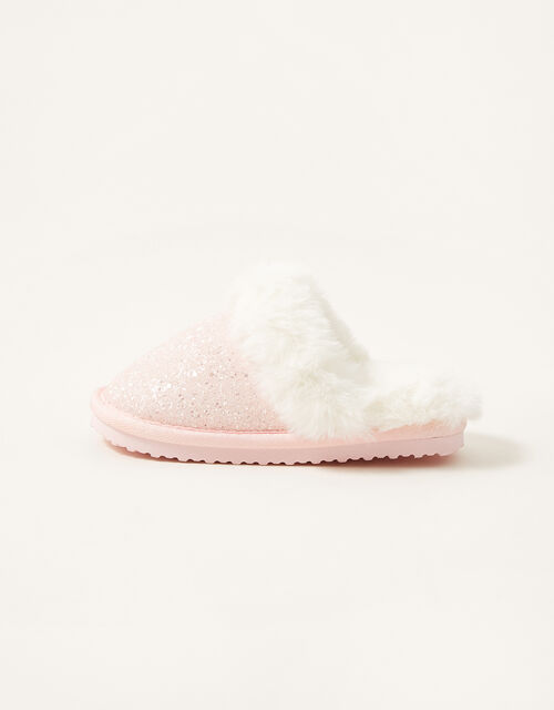 Glitter Faux Fur Slippers, Pink (PALE PINK), large